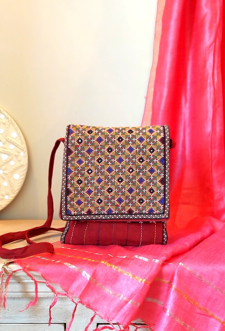 Red Jat Kutch Hand Embroidery iPad Sling Bag